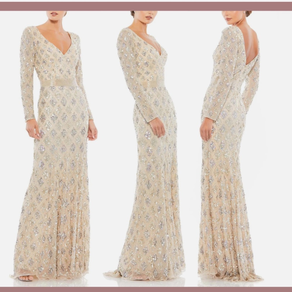 Mac Duggal Elegant Cream Sequin Gown evening gown prom dress special occasion